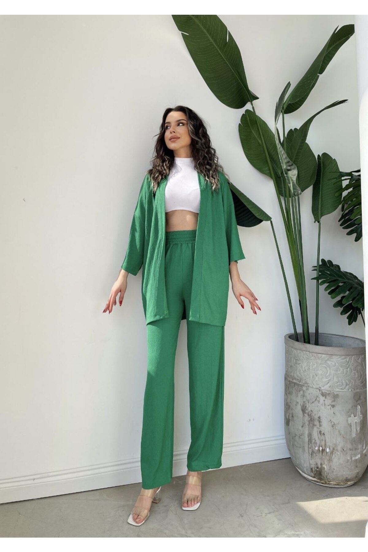 Ensemble haut et bas en crêpe gaufré kimono - Görsel 3