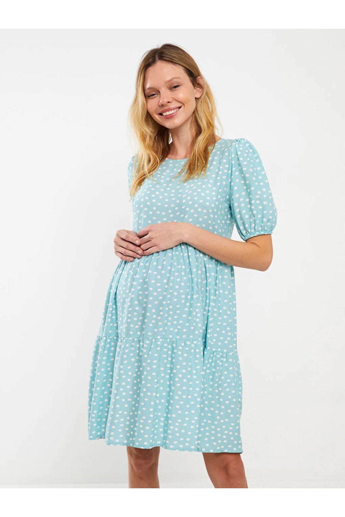 LCWAIKIKI Maternity Bisiklet Yaka Puantiyeli Kısa Kollu Hamile Elbise