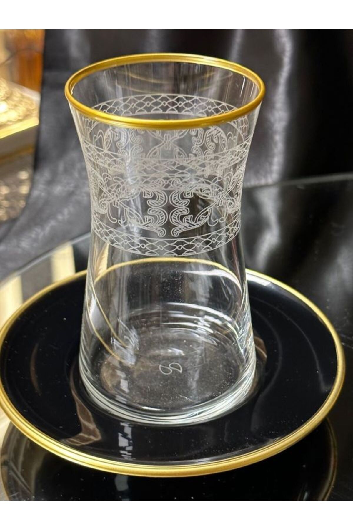 Psb.ÇAY SETİ Heybeli Sıyah Tabaklı Mat Altın Ağız Bant ÇAY SETİ 1453 Kette - Gold Şeffaf