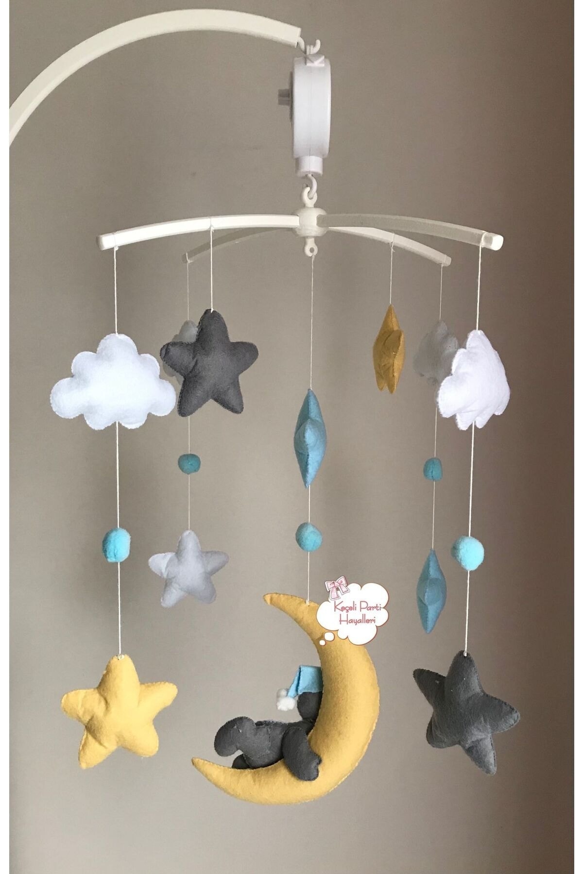Keçeli parti hayalleri bebek çocuk odası avize set dönenceli ay ayıcık sarı gri mavi fotoğrafı 4 (önizleme)