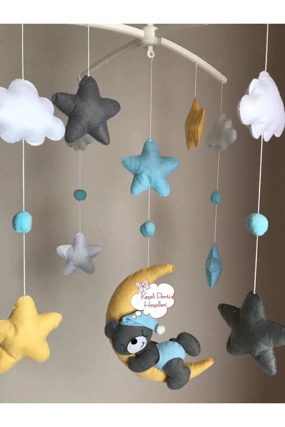 Keçeli parti hayalleri bebek çocuk odası avize set dönenceli ay ayıcık sarı gri mavi fotoğrafı 5 (önizleme)