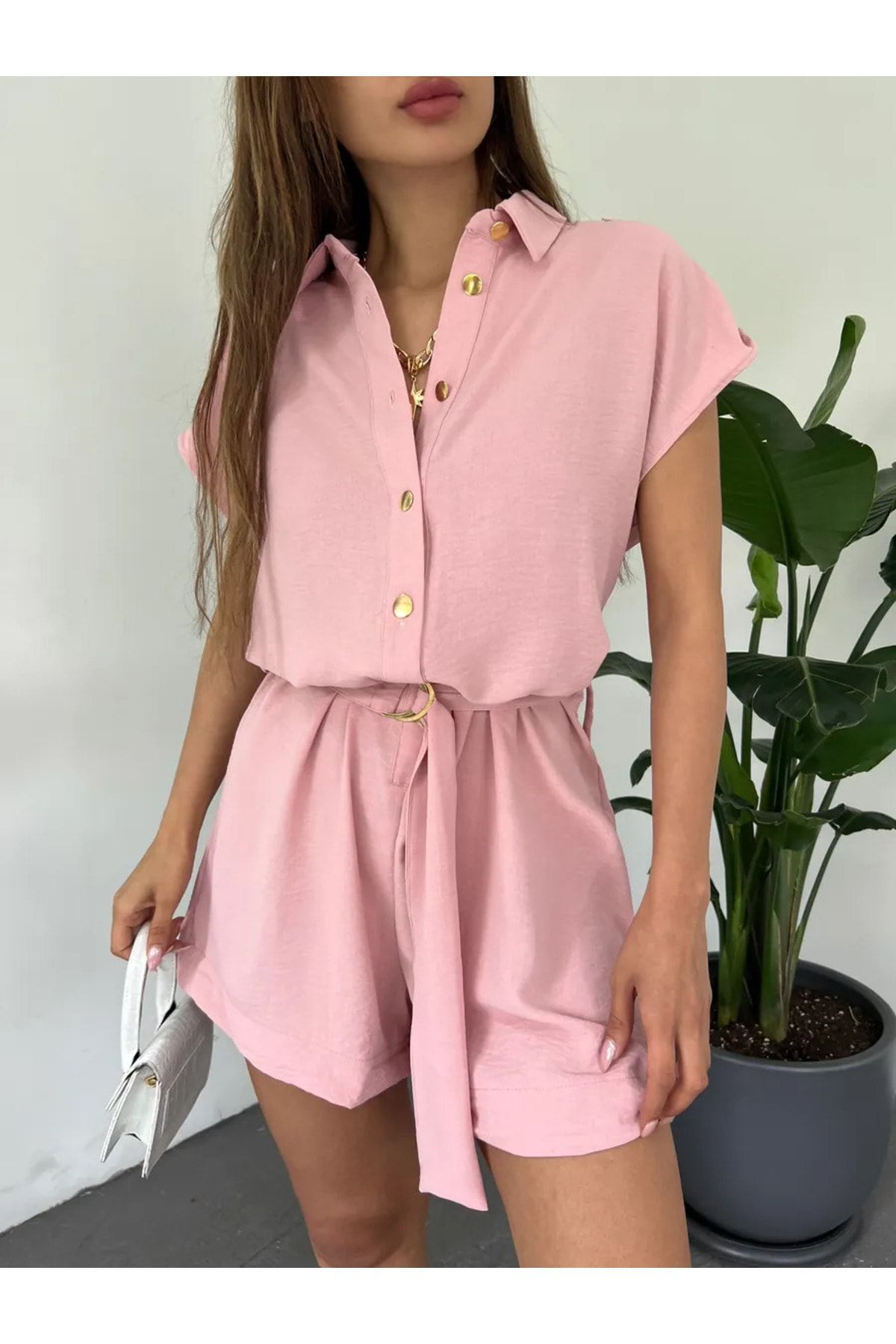 G C Giyim Belted Aerobin Woven Powder Shorts Jumpsuit with