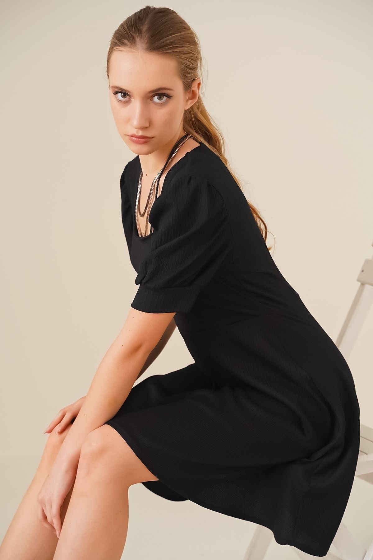 Square Neck Knitted Dress - Black