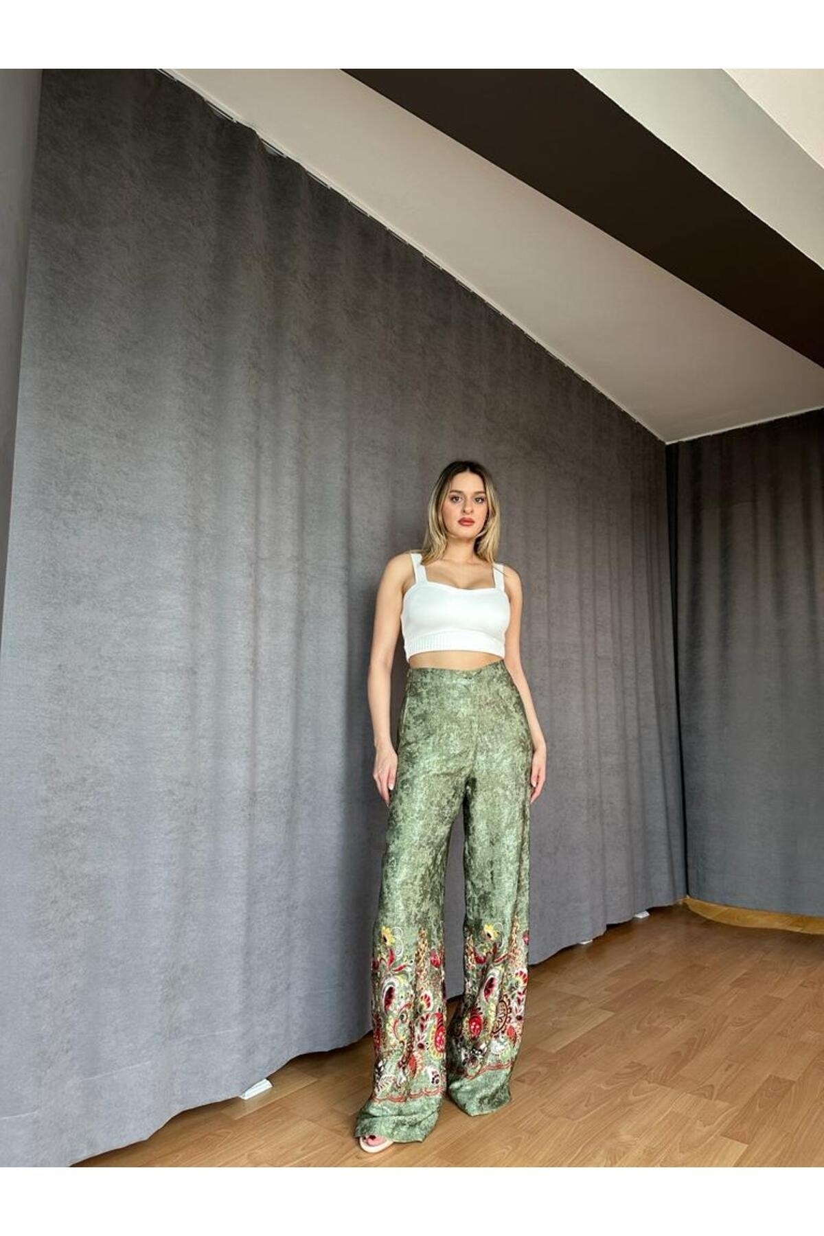 Seher Öztop Zeus Jakarlı Saten Pantolon Haki -Norveç - Fiyatı