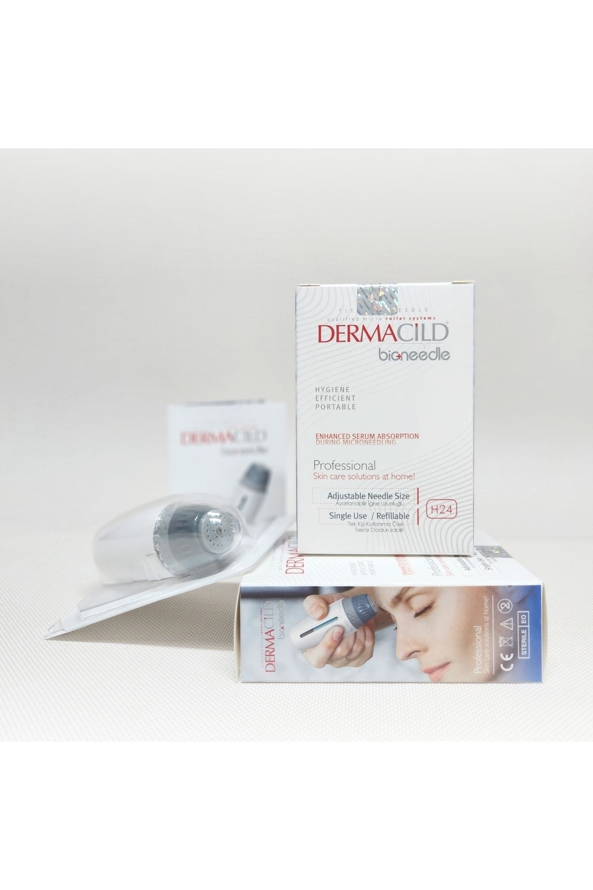 درماستمپ محفظه شیشه ای سوزن قابل تنظیم Bio+Needle H24 Titanium 24 Needles +اسپری پاک کننده Dermacild