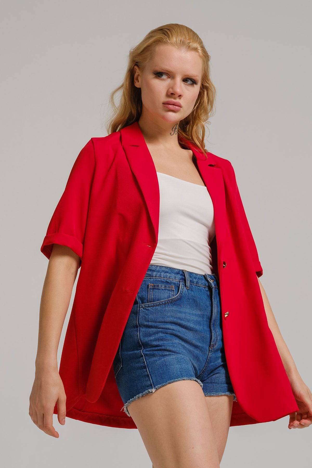Red short blazer best sale