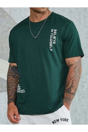 Altamira Erkek Yeşil Believe Baskılı Oversize T-shirt