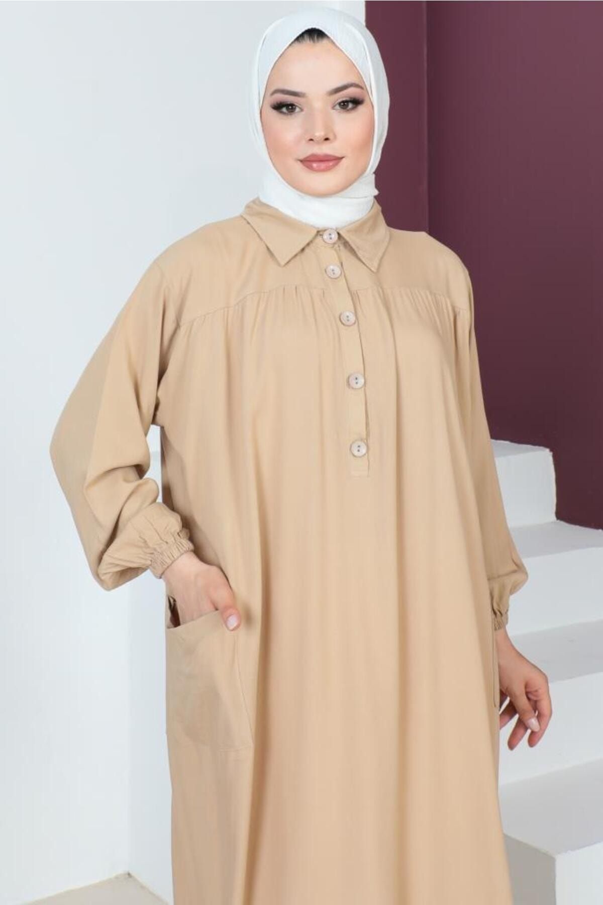 benguen-8222 Lange Tunika mit Seitenschlitz Robe Beige 2