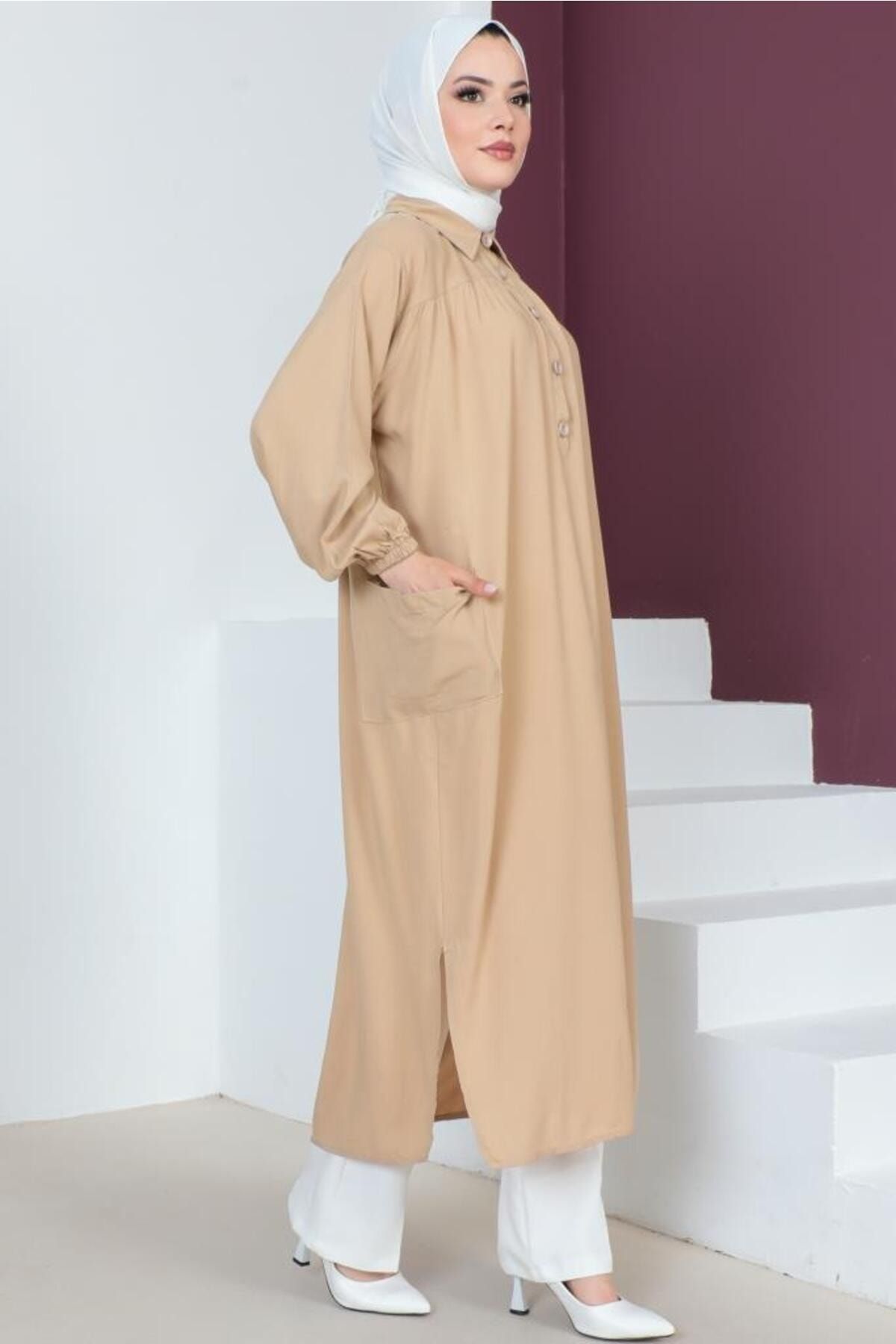 benguen-8222 Lange Tunika mit Seitenschlitz Robe Beige 4