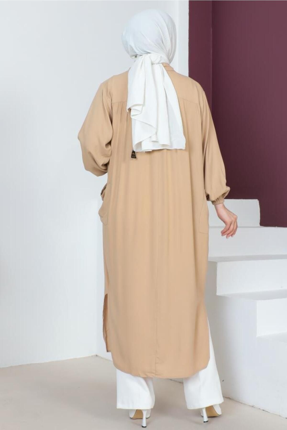 benguen-8222 Lange Tunika mit Seitenschlitz Robe Beige 5