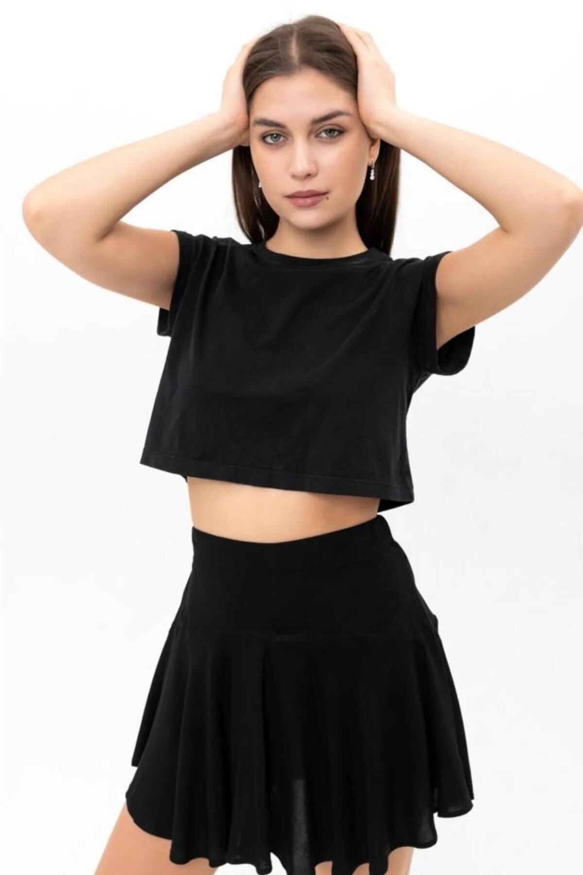 ubmbutik-Pantaloni scurti cu aspect de fustă Fusta scurtă neagră cu talie elastică 4