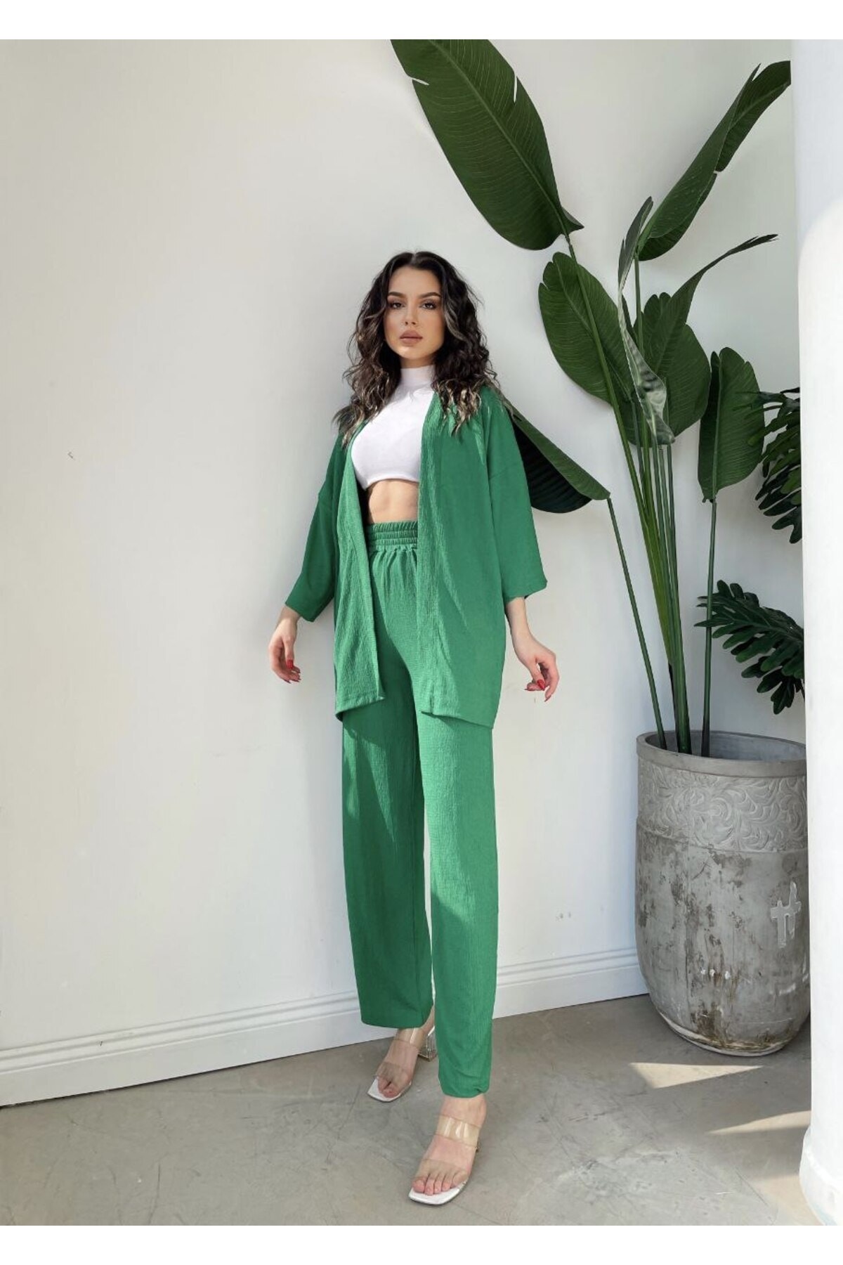 Ensemble haut et bas en crêpe gaufré kimono - Görsel 2