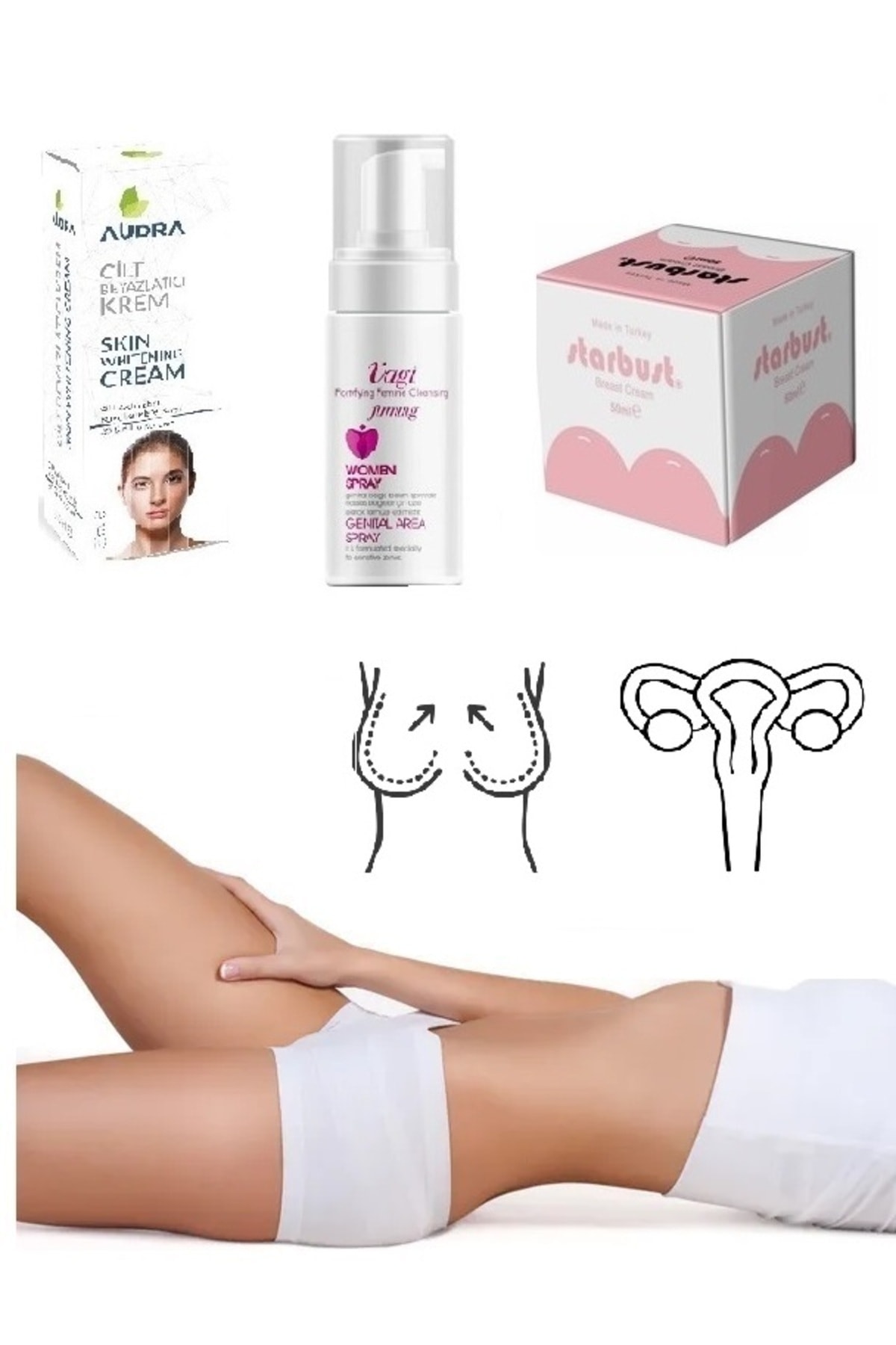Starbust 3lü Bakım Set Cilt Beyazlatıcı Krem Genital Bölge Sıkılaştırıcı Bakım Sprey Göğüs Sıkılaştırıcı Krem