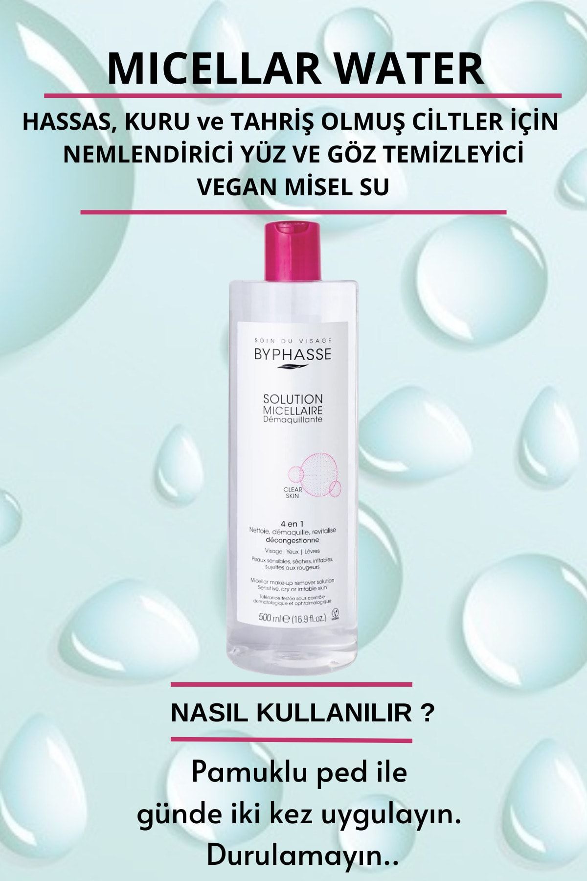 BYPHASSE-Micellar Face and Make-up Remover Micellar Water Dry, Sensitive and Allergy Prone Skin 500ml 3