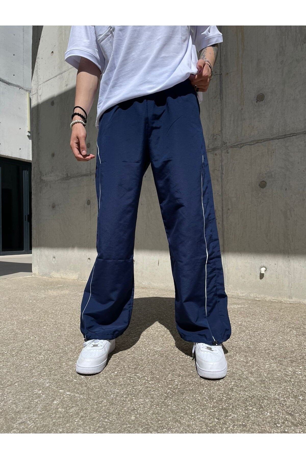 Navy Piping Detail Parachute Pants