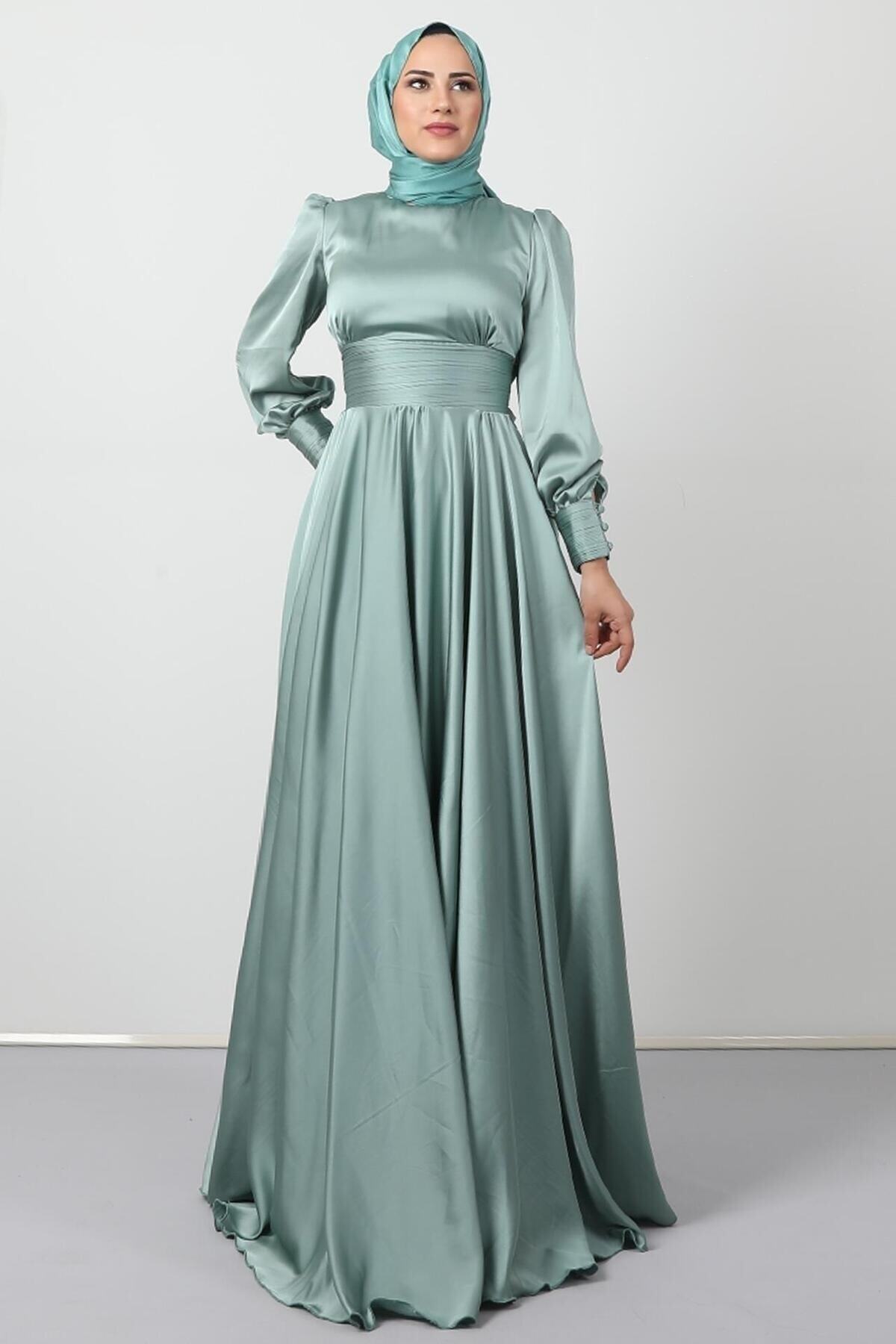 Pleated Waist Satin Evening Dress Mint
