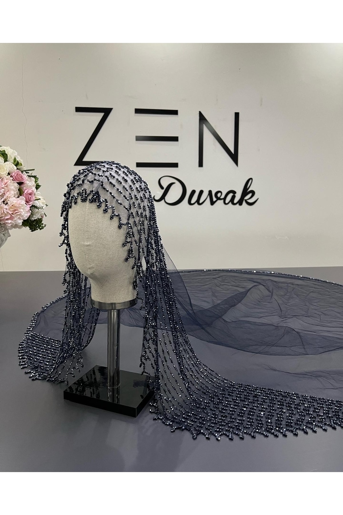 Gelin Duvak Nakışlı Duvak Kasnak Duvak Lacivert