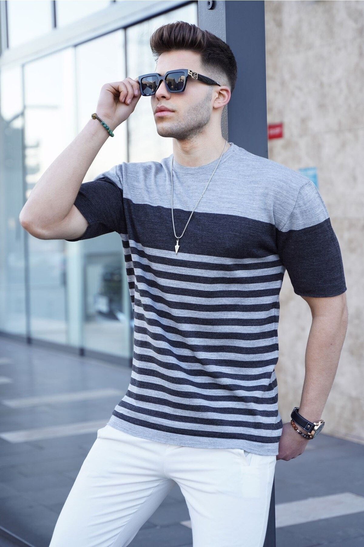 تی شرت یقه خدمه طرح راه راه مدل دو رنگ آستین کوتاه مردانه مدمکست Madmext (برند ترکیه)