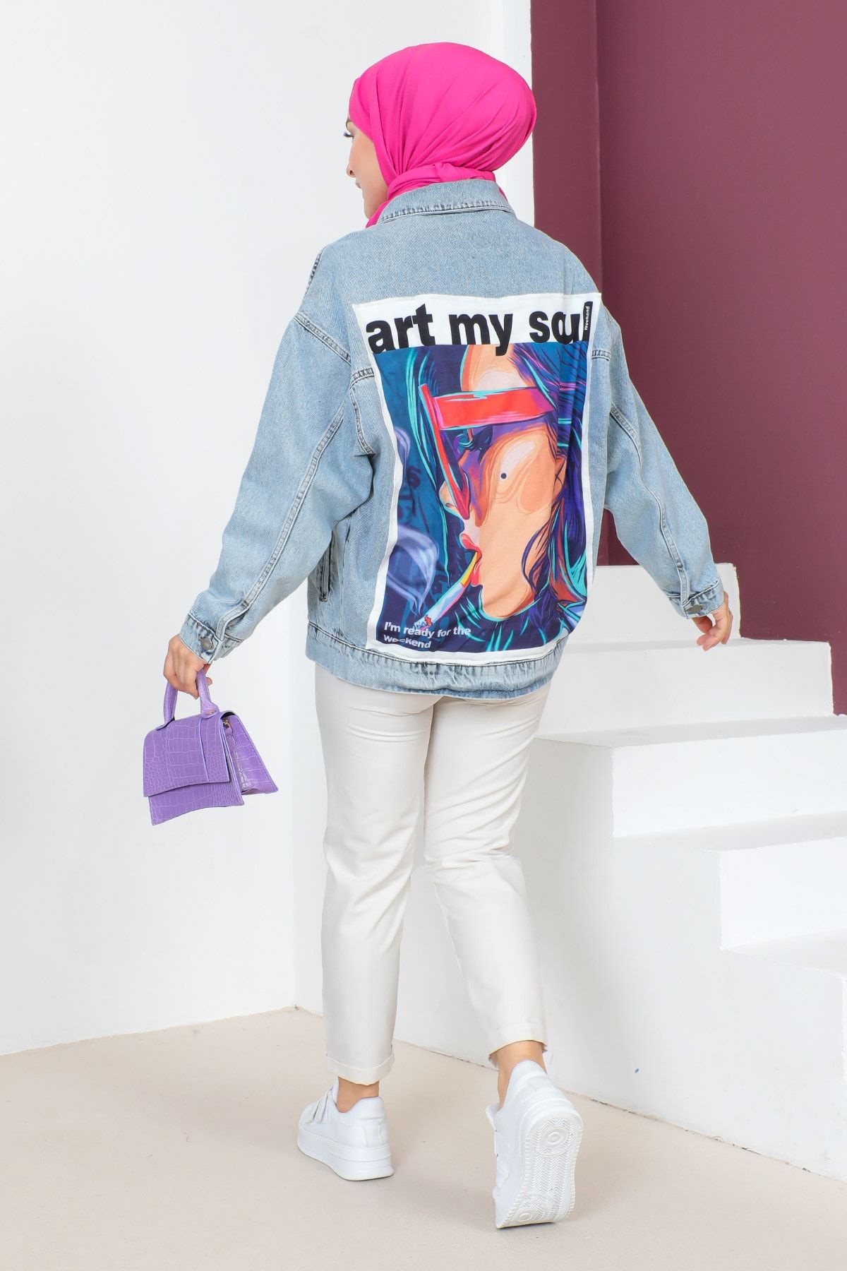 Denim jacket with print on the back hotsell