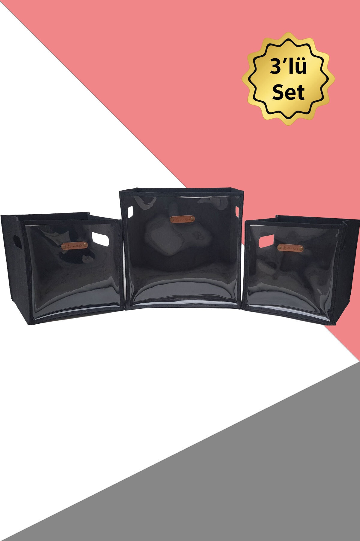 MARVA 3'lü Şeffaf Düzenleyici Set - Saklama Kutusu Seti Şeffaf Ön Yüzlü Siyah 2 Adet M Boy 1 Adet L Boy