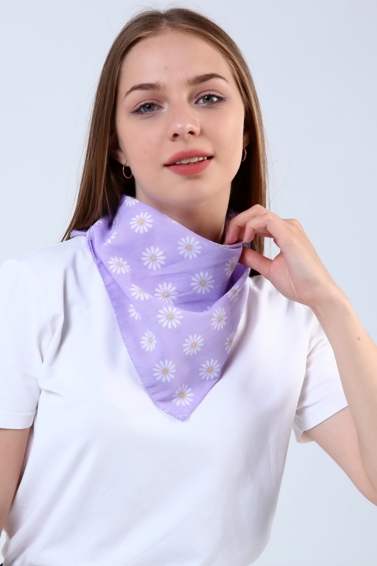 Bandana Fular Papatya Desenli %100 Pamuk Saç Aksesuar 6