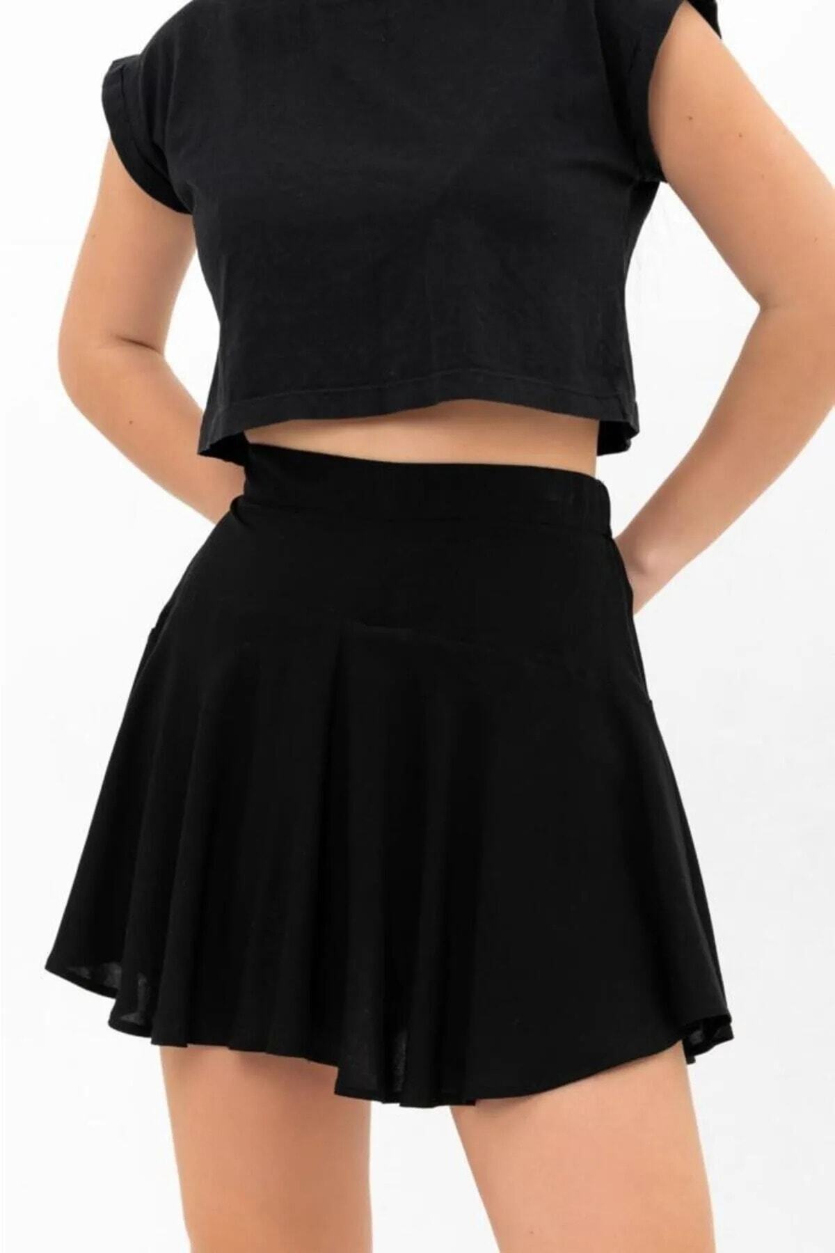 ubmbutik-Pantaloni scurti cu aspect de fustă Fusta scurtă neagră cu talie elastică 5
