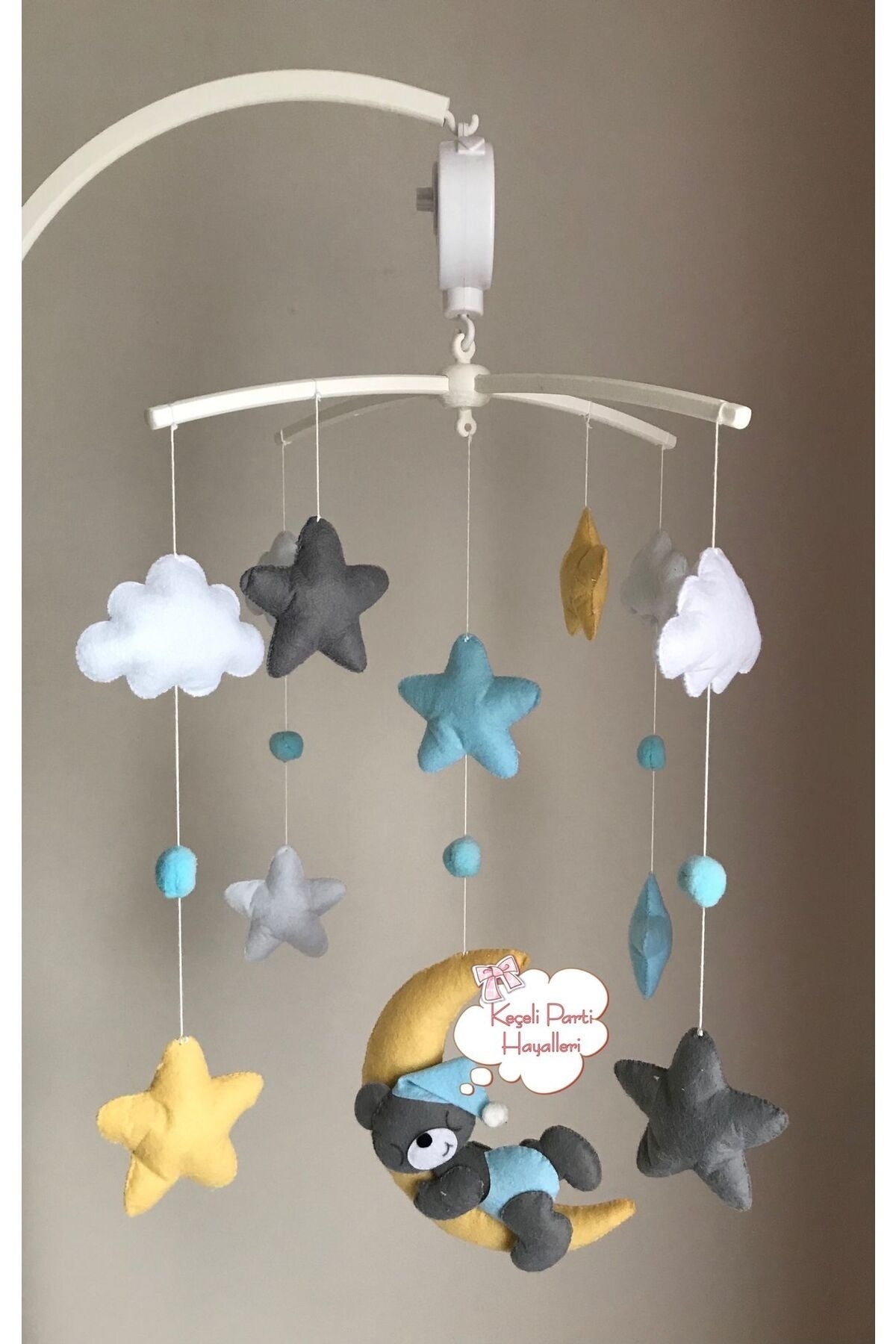 Keçeli parti hayalleri bebek çocuk odası avize set dönenceli ay ayıcık sarı gri mavi fotoğrafı 3 (önizleme)