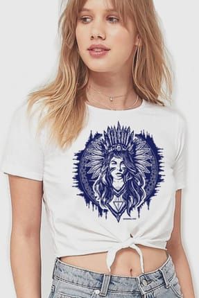 Kızılderili Kız Beyaz Kesik Crop Top Bağlı Kadın T-shirt 1M1TW153FB