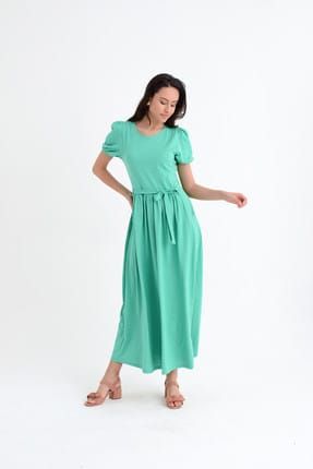 Kadın Yeşil Kısa Kollu Kemer Ve Cep Detaylı Uzun Elbise HN1803
