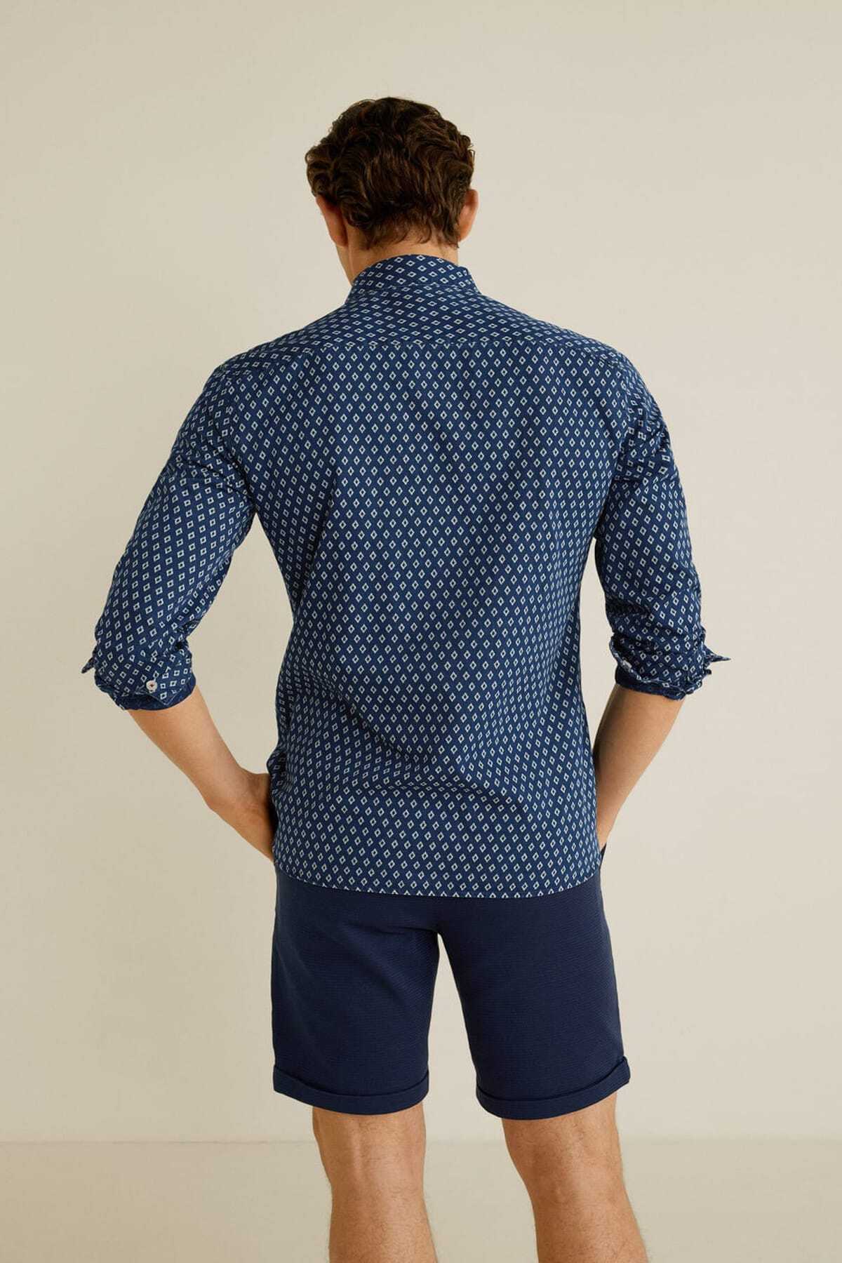 MANGO Man-Ανδρικό πουκάμισο Indigo Blue Slim Fit με γεωμετρικό σχέδιο53030527 3