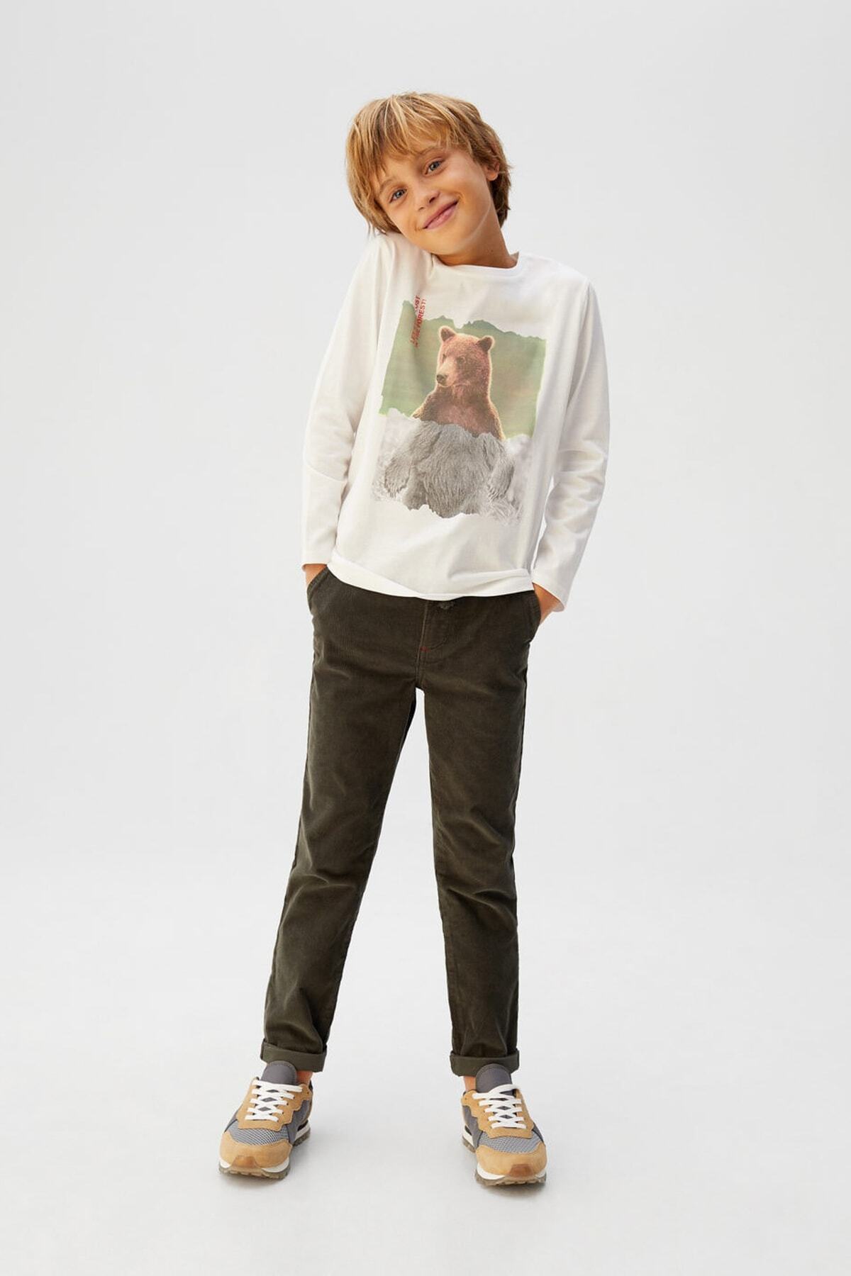 MANGO Kids Kırık Beyaz Erkek Çocuk Ayı Baskılı TShirt