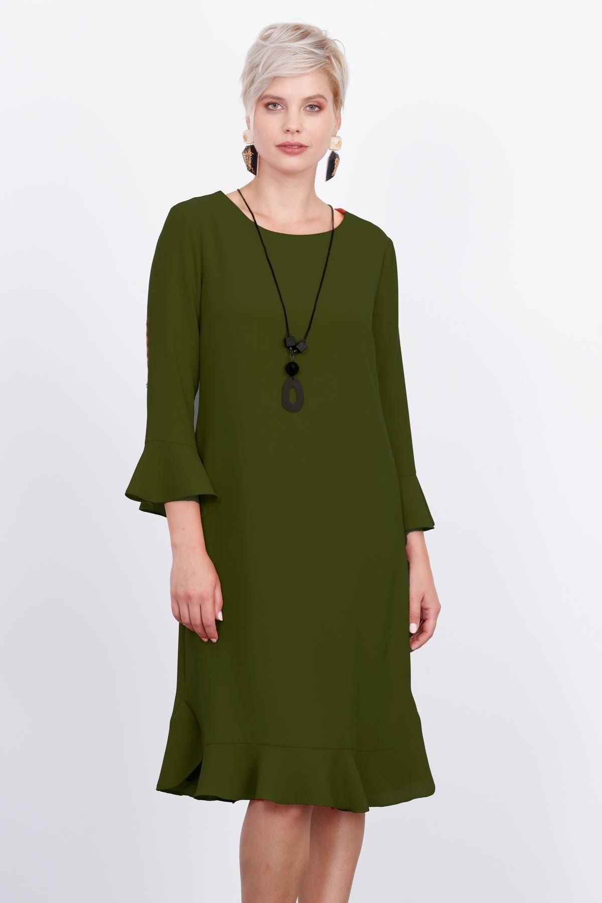moda ilgi sifir yaka volanli elbise haki ilg20k06508 fiyati yorumlari trendyol