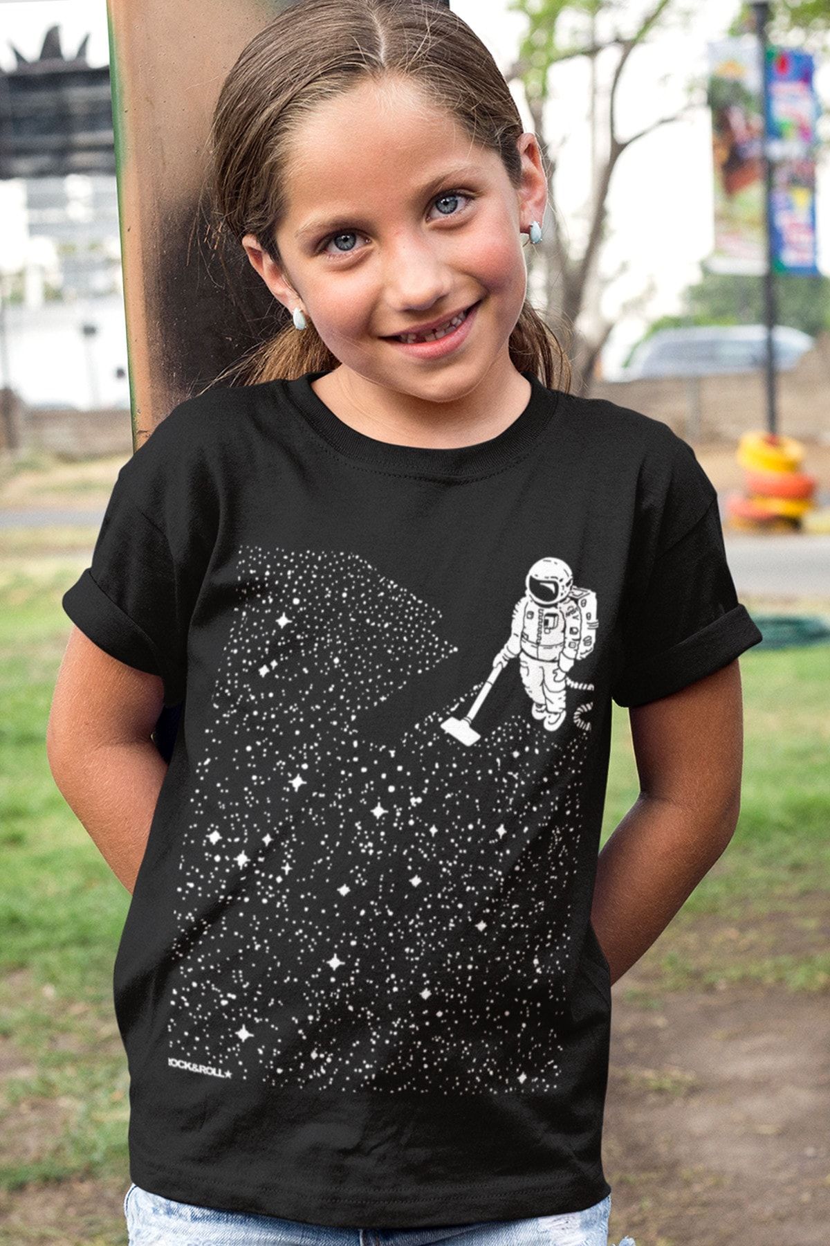 ROCKANDROLL Astronaut Cu Mătură Negru Cu Mânecă Scurtă Fete Băieți Unisex Tricou Pentru Copii Masculin - 6 years old