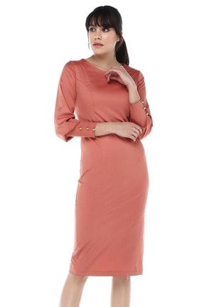 Kadın Kiremit Kolu Düğmeli Elbise ML040400X