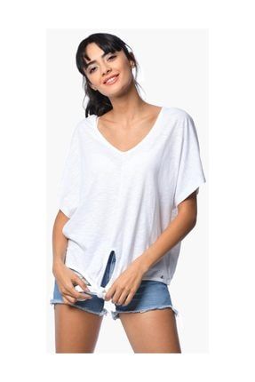 Eteği Düğüm Detaylı Flamlı Kısa Kollu T-shirt - Beyaz 1192-T2-09-01