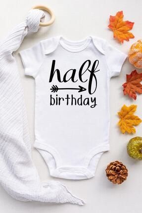 Unisex Bebek Beyaz Half Birthday Çıtçıtlı Kısa Kol Body Zıbın HALF887
