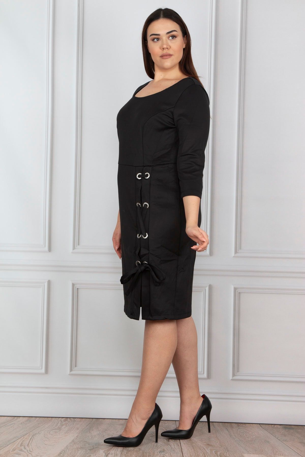 Şans Women's Large Size Black Eyelet Detailed Dress 65n14296 - Trendyol