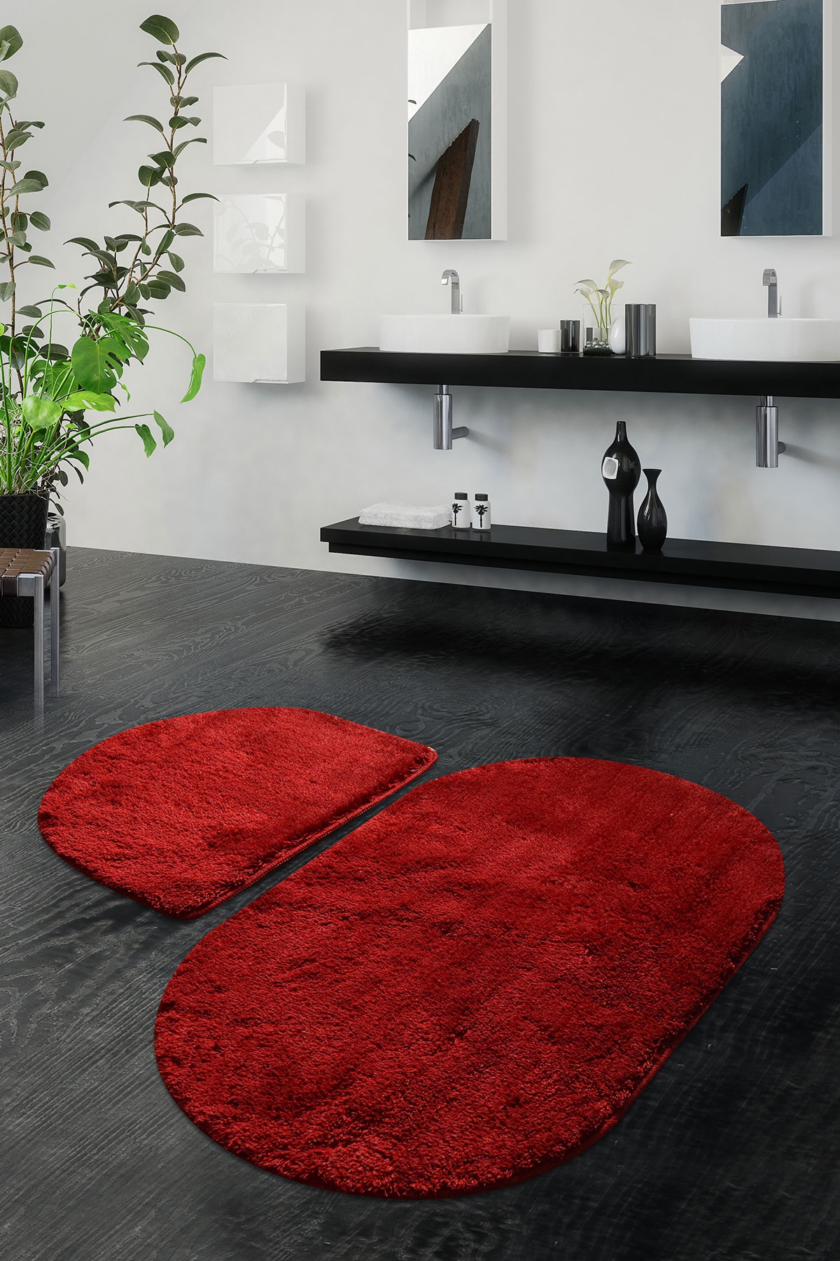 Chilai Home Colors Of Oval 2 Lı Set Kırmızı Banyo Halısı Yıkanabilir, Kaymaz Taban
