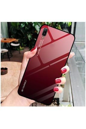 Huawei Y6 2019 Silikon Kenar Degrade Temperli Cam Kılıf Siyah Kırmızı 1684-m335