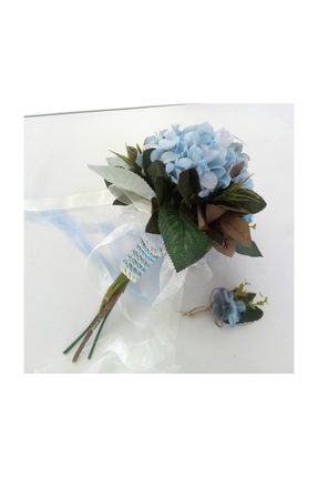 Mavi Yapay Çiçekli Gelin Buketi Ve Damat Yaka Çiçeği MYGBDYÇ1