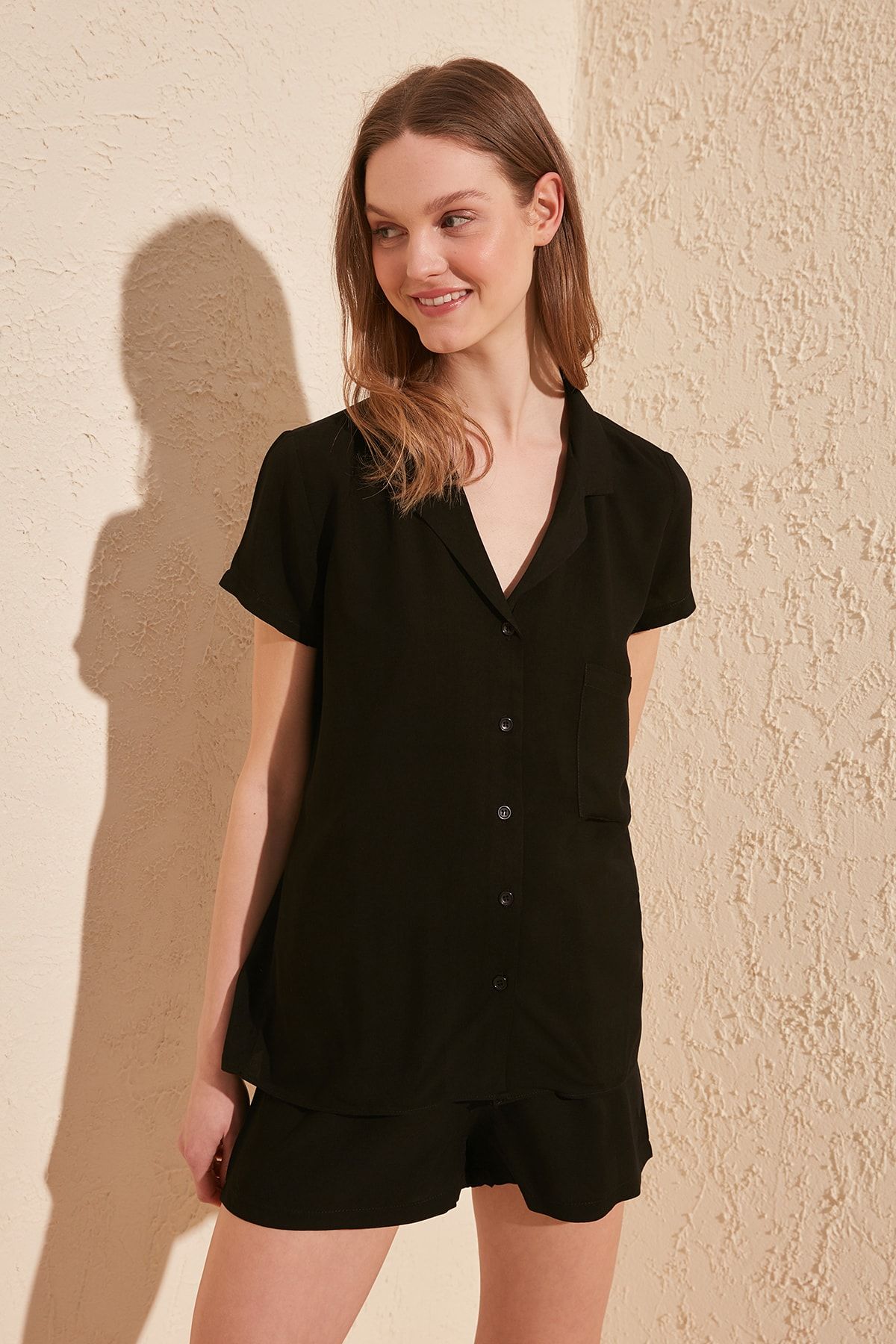 Trendyol Collection-Černá viskózová košile-šortky Tkané pyžamá THMSS19PT0004 13