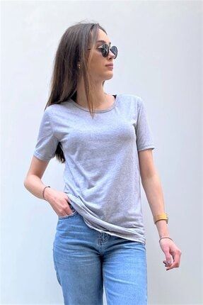 Kadın Gri Uzun Oval Kesim Basic Tshirt TS03