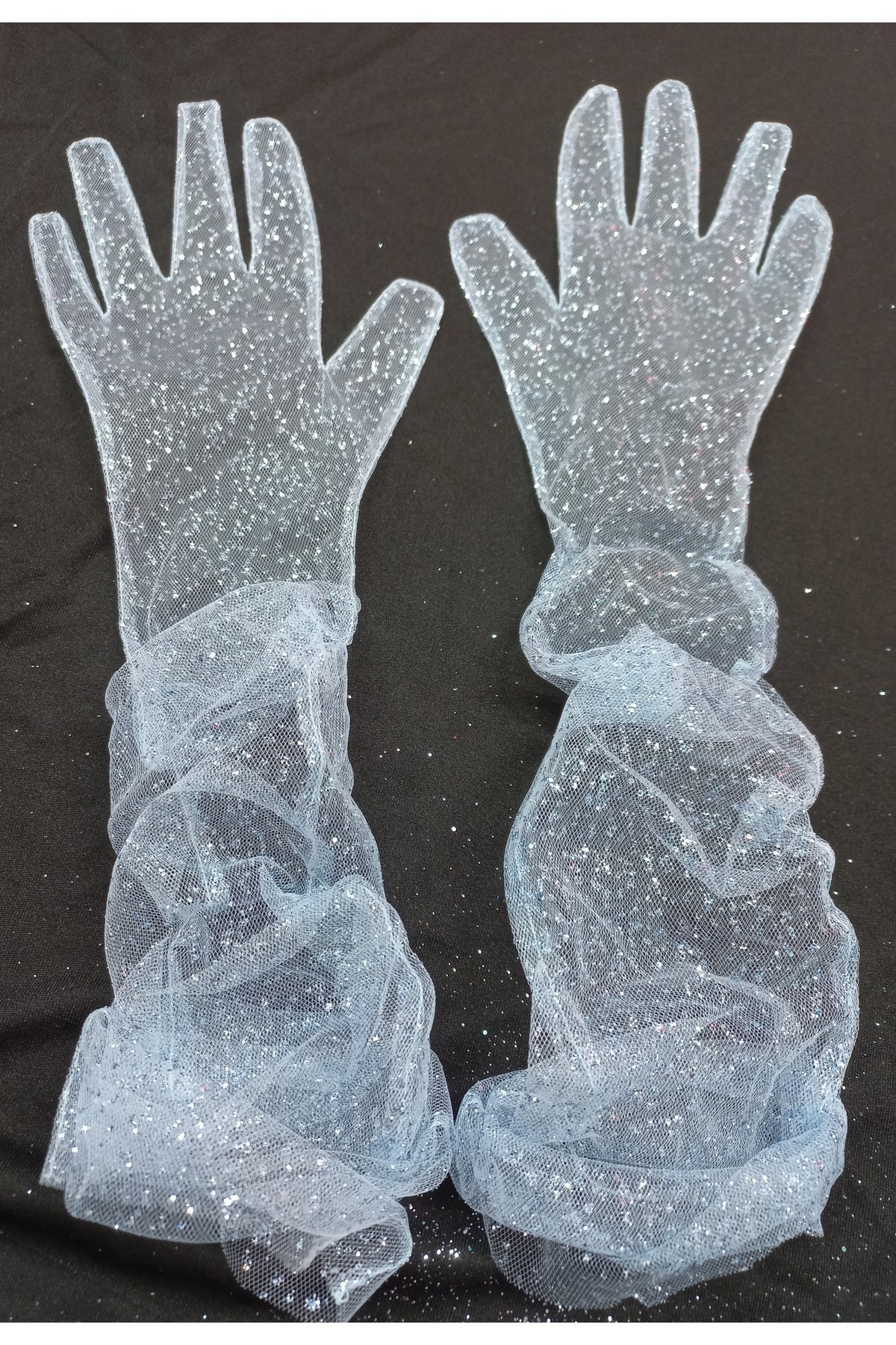 es moda shop  Diamond ışıltılı abiye gelin eldiveni uzun mavi - Görsel 5