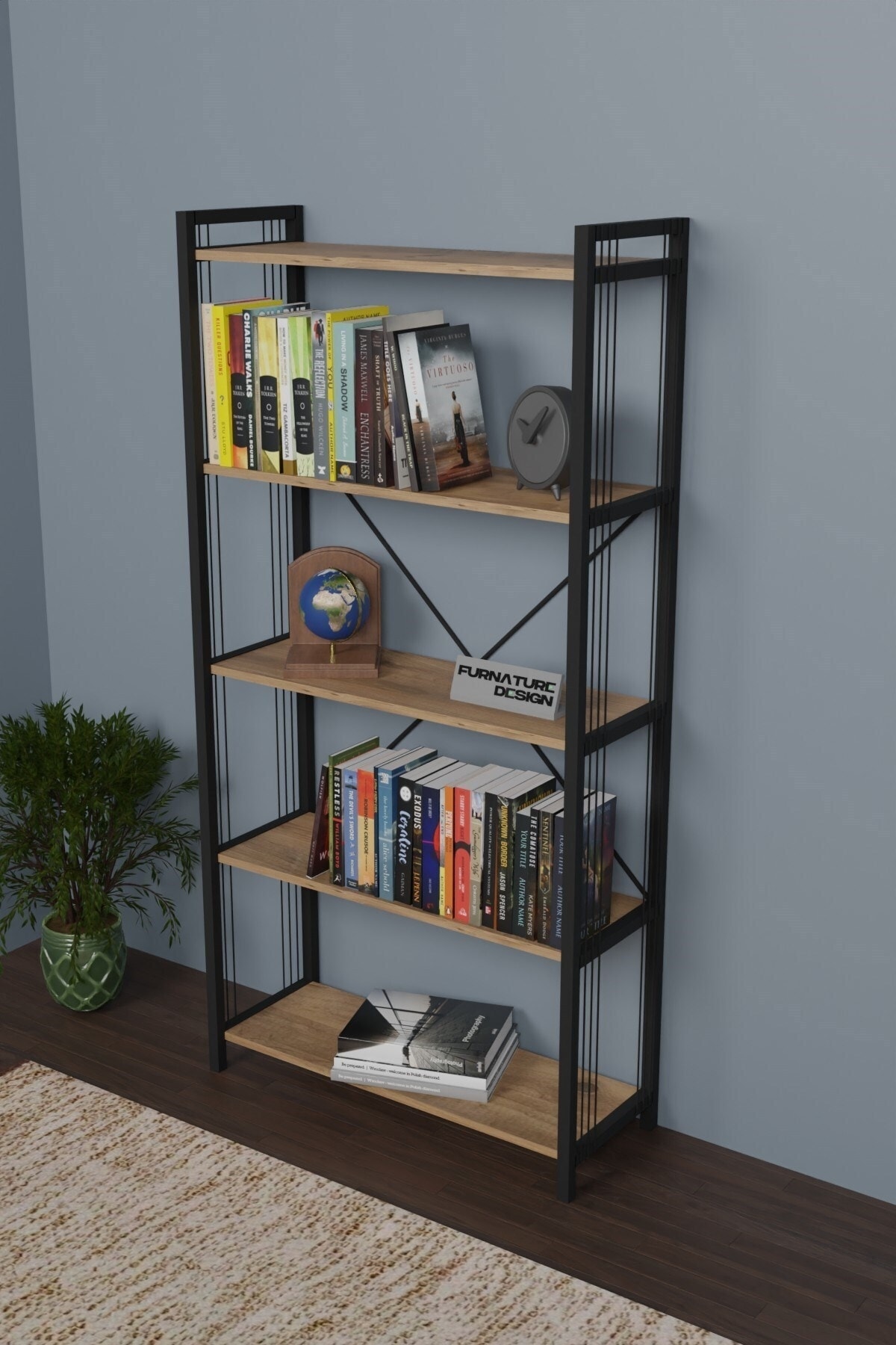 FurnatureDesign Metal Kitaplık 5 Raflı 180 cm Telli Büyük Kitaplık Atlantik Çam
