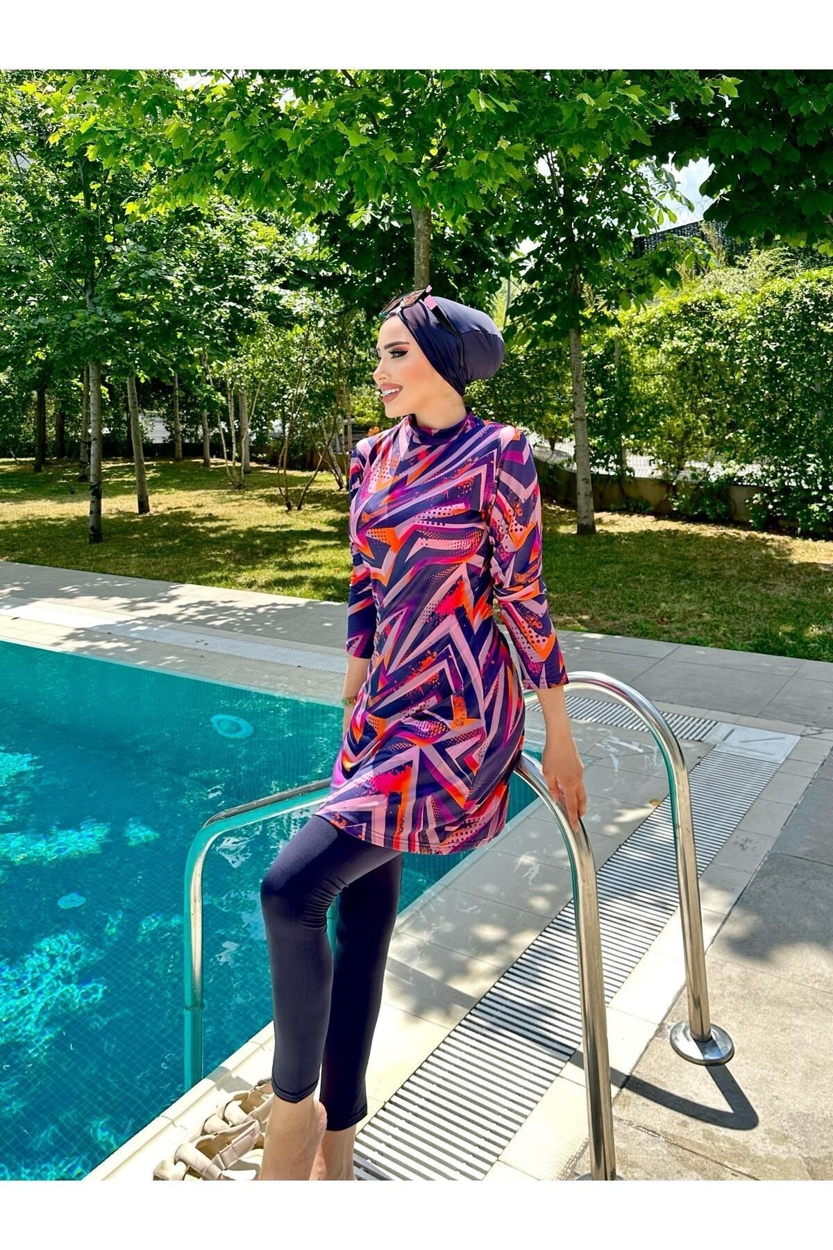 مایوی پوشیده آبی زنانه حجاب مجموعه الگوی اورجینال lurex moda
