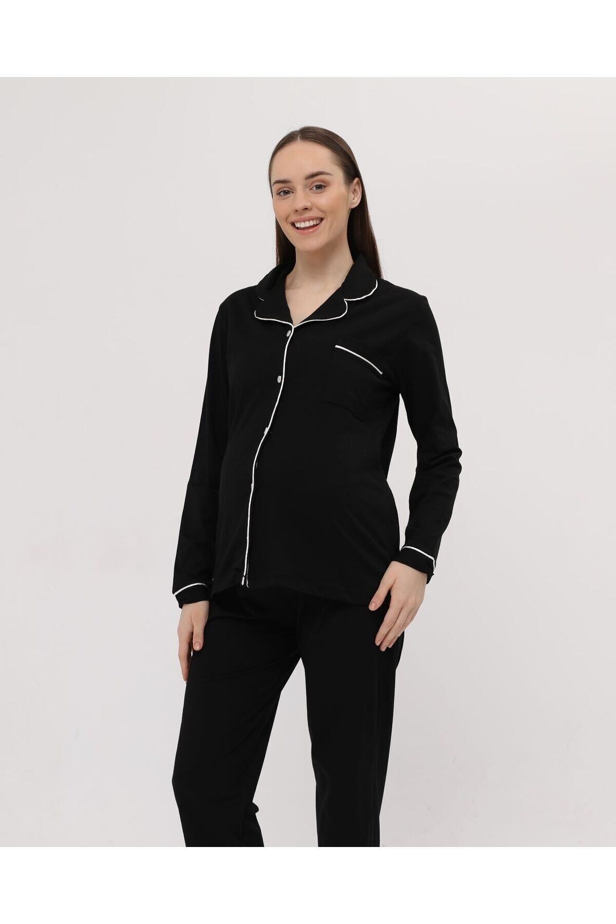 Nehir tekstil-Front Buttoned Plus Size Combed Cotton Maternity Pajama Set 1