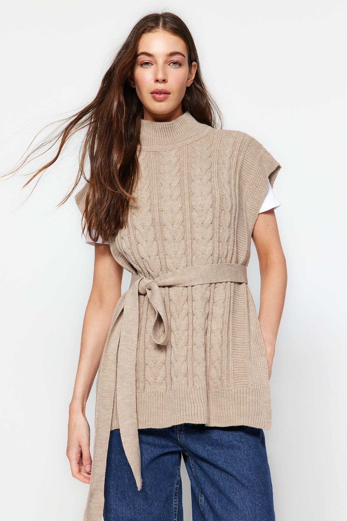 Trendyol Collection Wełniany Sweter Taupe O Szerokim Kroju I Paskiem Kobieta - S