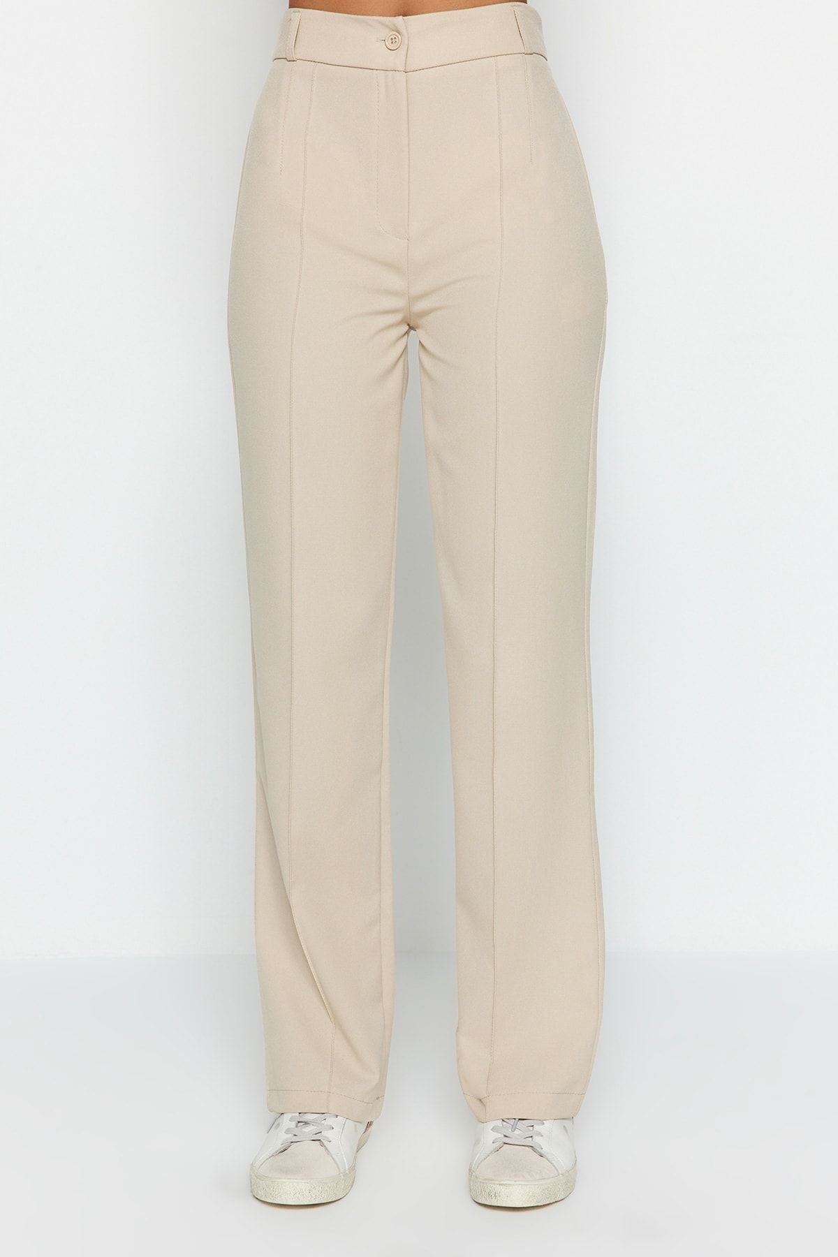 Trendyol Collection-Nerzfarbene, gerade geschnittene, gerippte, gewebte Hose mit hoher Taille TWOSS21PL0093 16