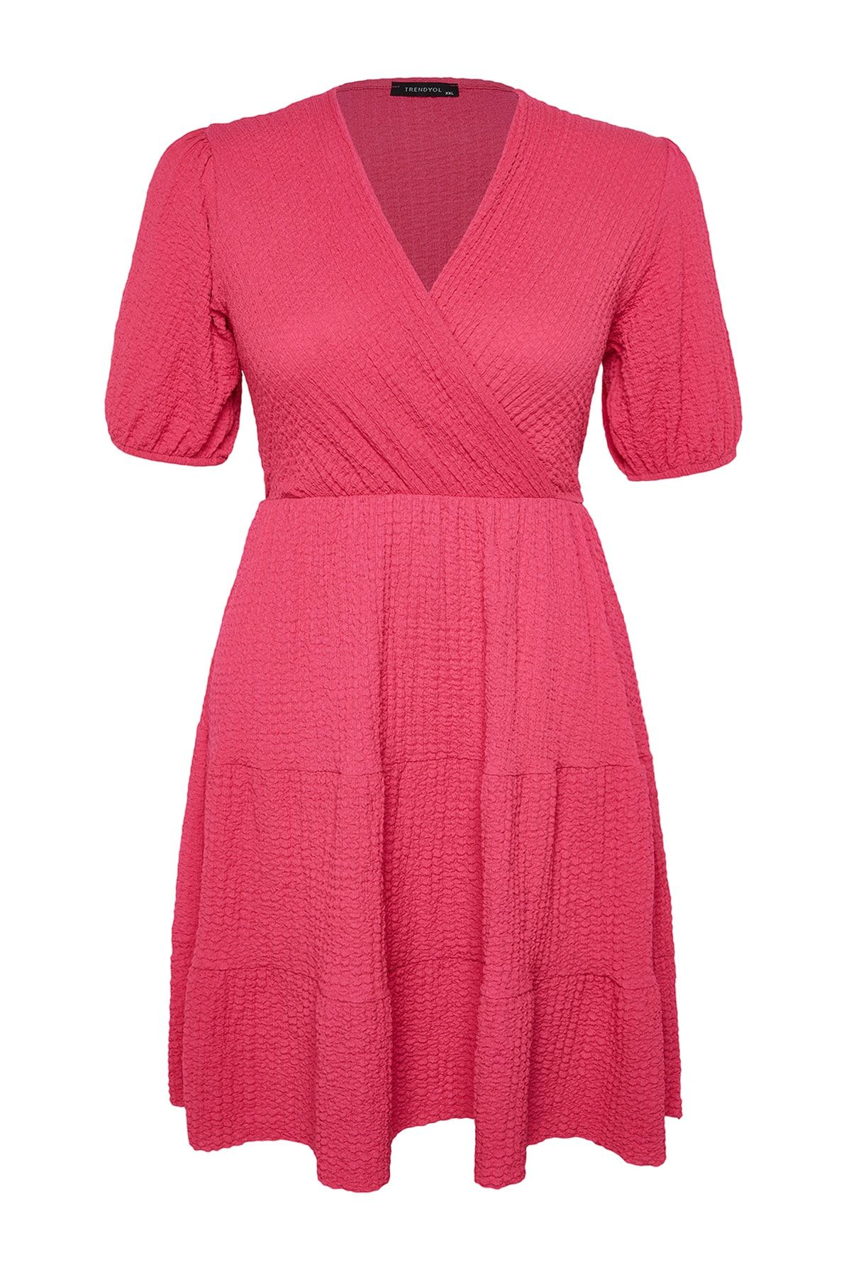 Trendyol Curve-Rochie tricotată Fuchsia Skater, cu decolteu în V, cu închidere la dublu piept, TBBSS22EL2987 6