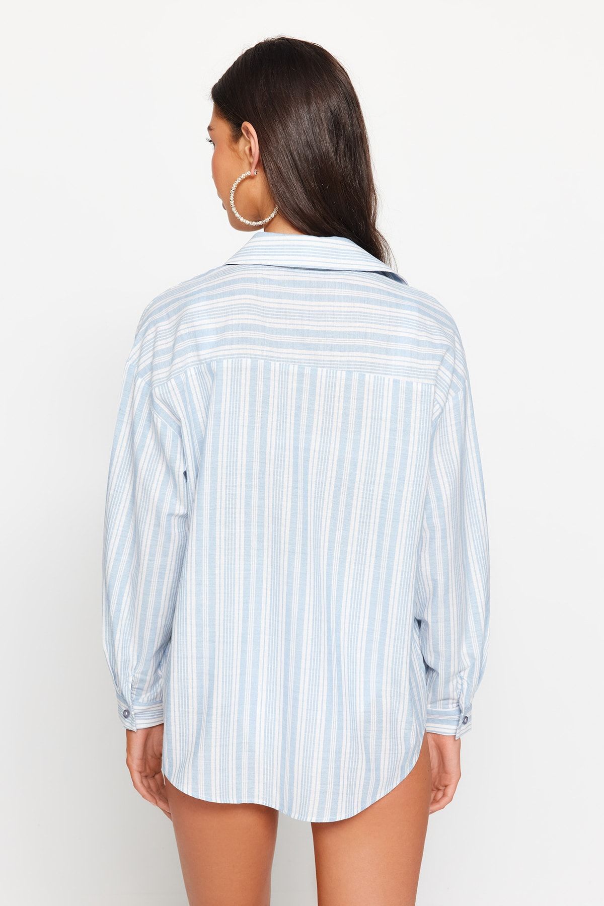 Trendyol Collection-Blue Striped Woven Beach Shirt Tbess23Go00041 5